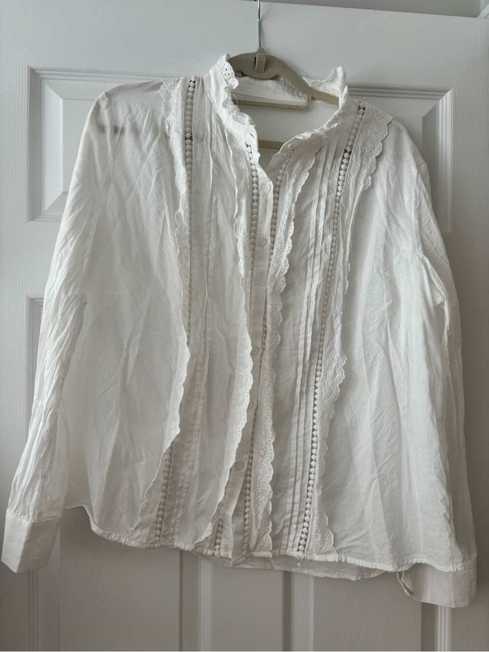 Women's White Lace-Trim Button-Up Blouse - Bought in Spain